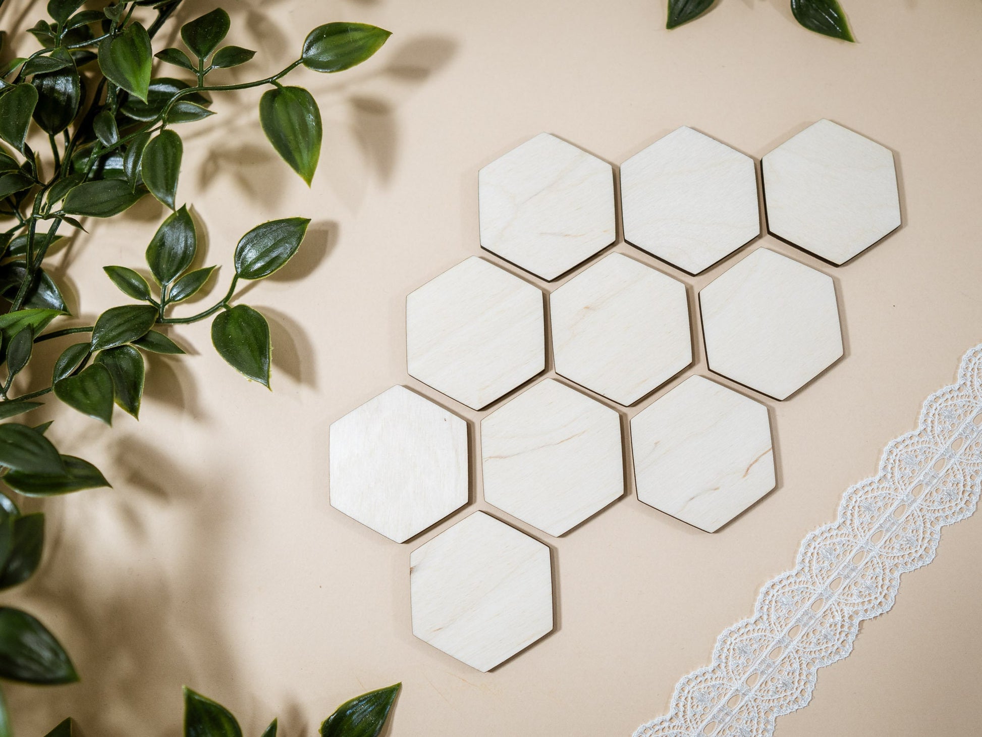 Hexagonal marble tiles on a beige background with green leaves.